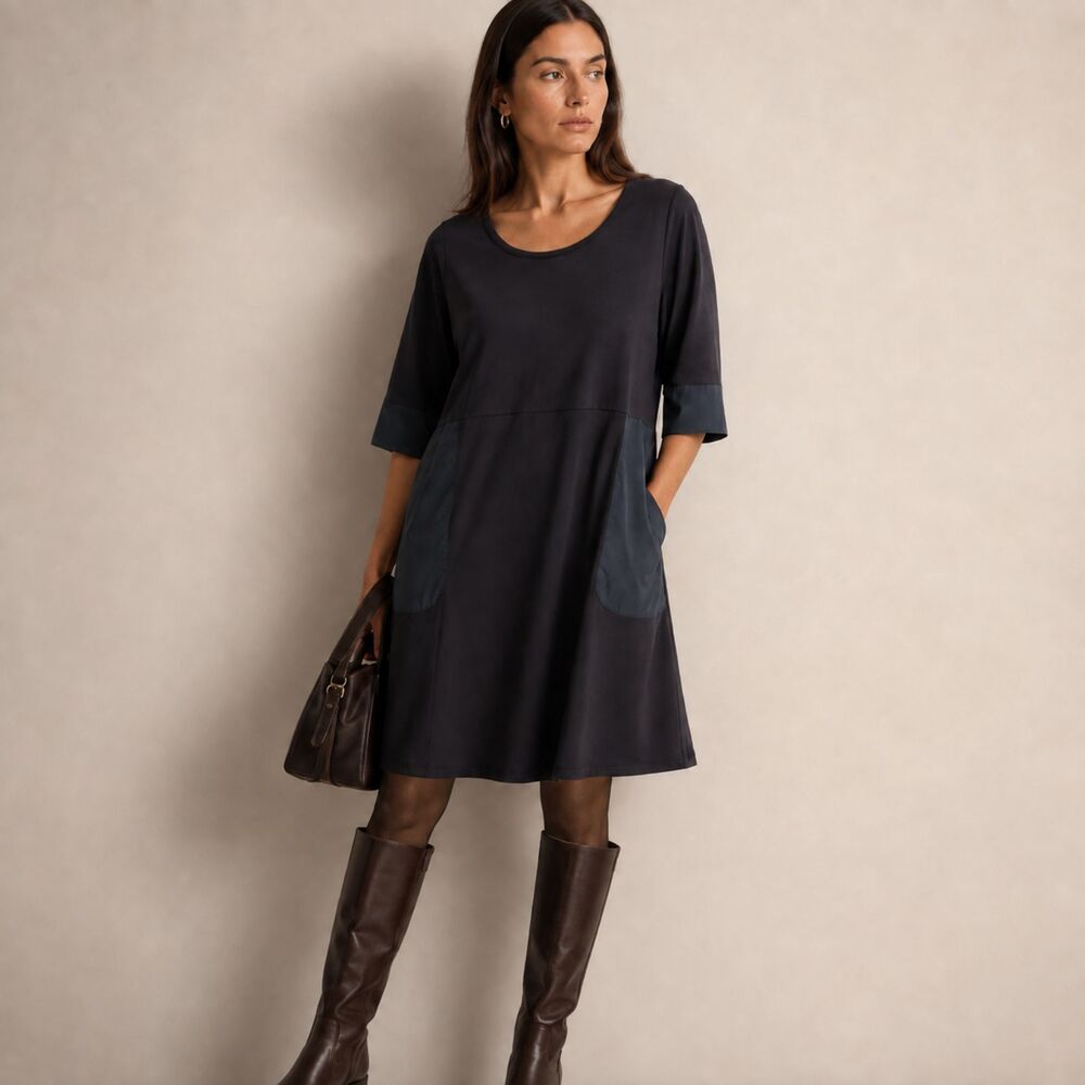Lafayette 148 NY Lagenlook Cotton A-Line Boxy Art to Wear Dress Navy Size XL